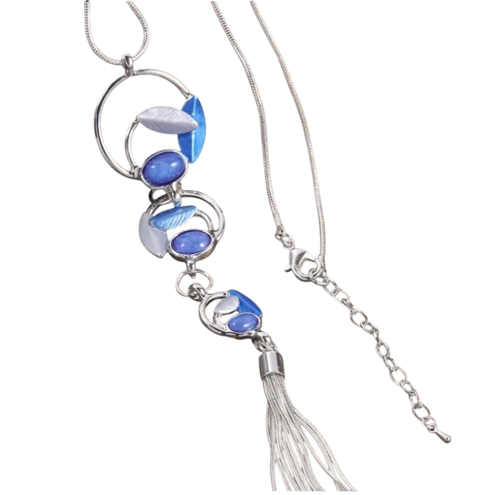 Silver Tone Long Y Tassel Necklace Blue Resin Stones